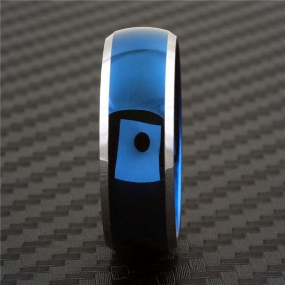 Men's Blue Domed Wedding Band with Beveled Silver Edges - Men's Wedding Rings - Picture 2 of 8